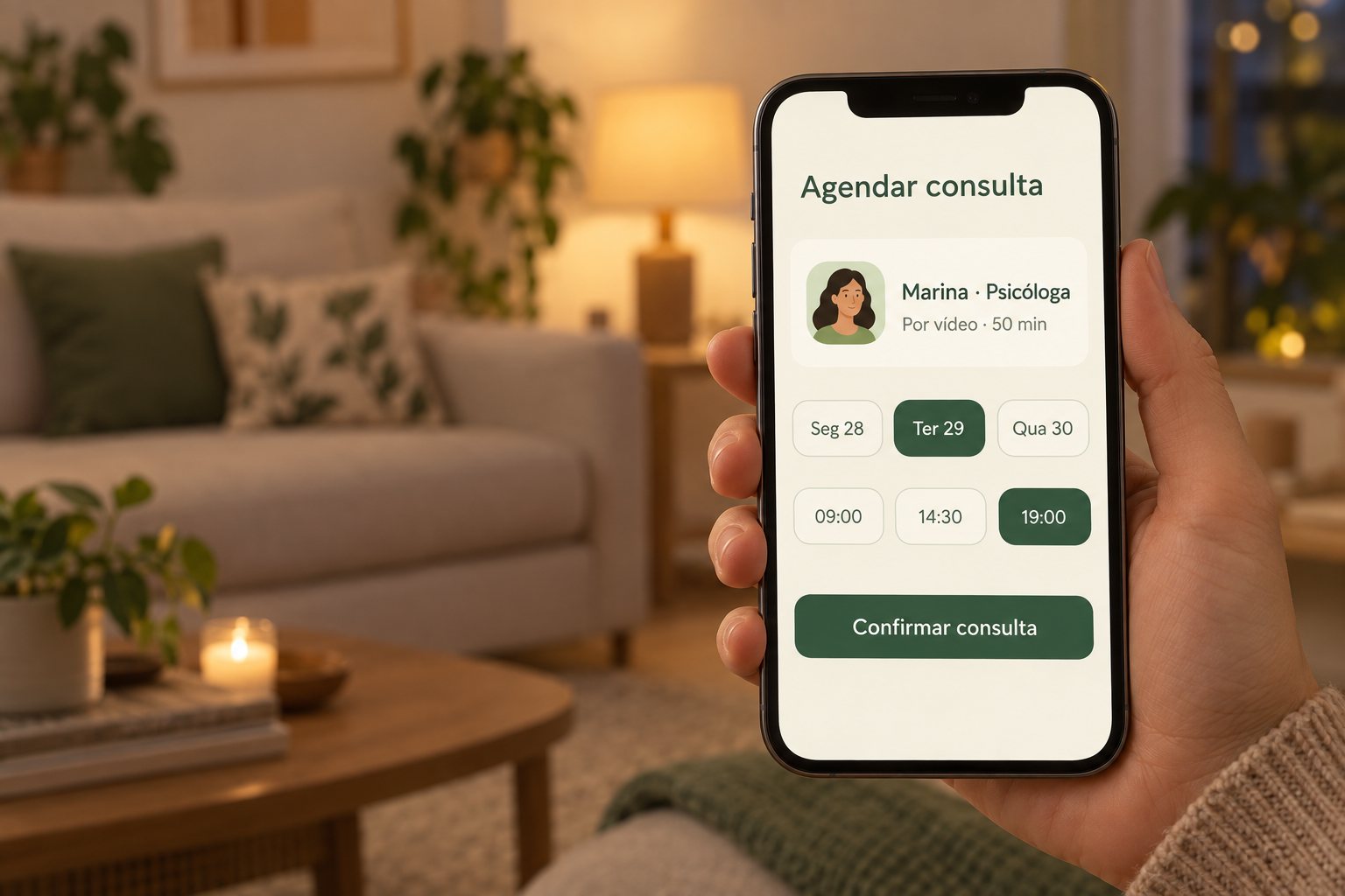 Celular com a Libert aberta na tela de agendar consulta por vídeo com uma psicóloga